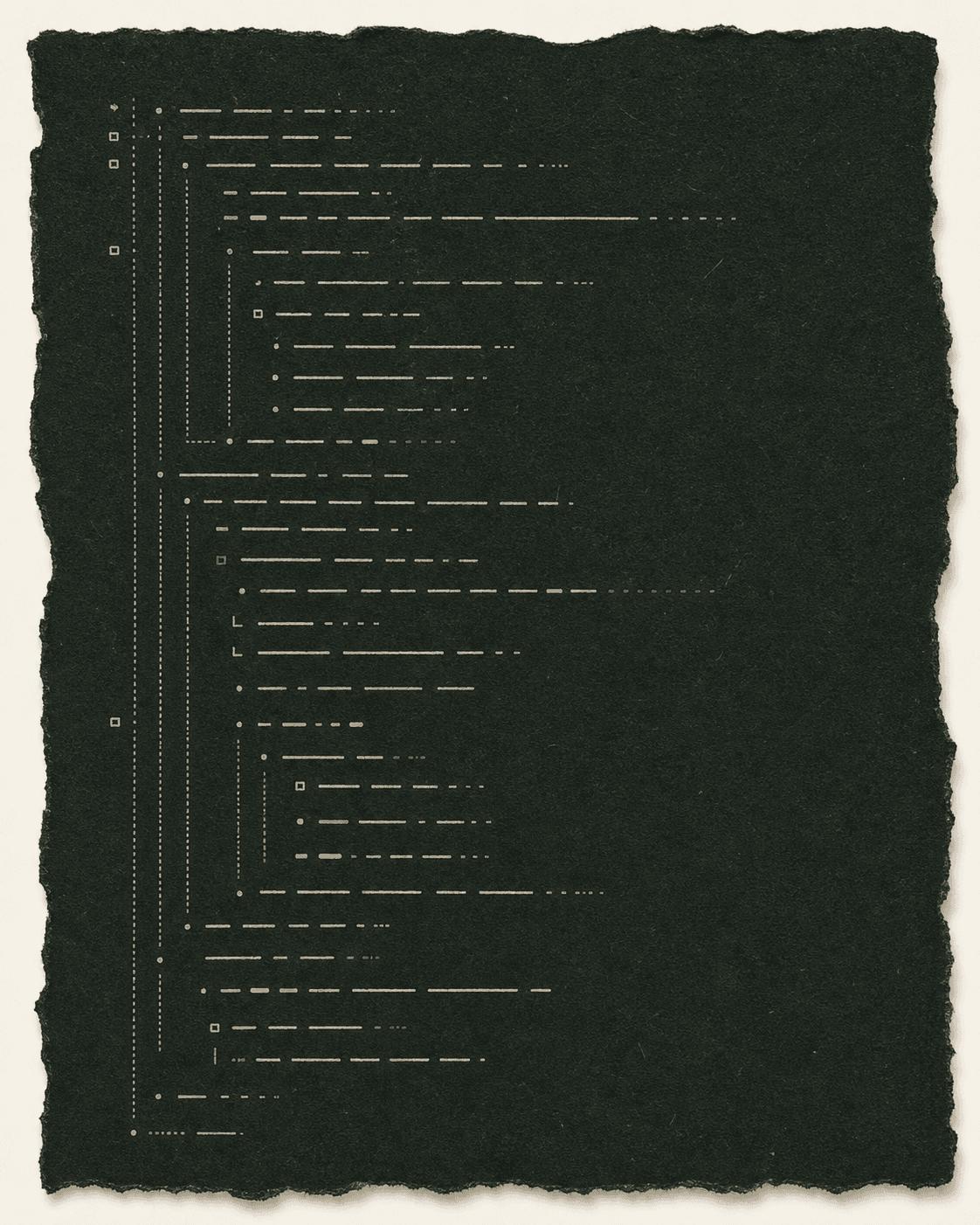 Code-like linework on dark torn paper