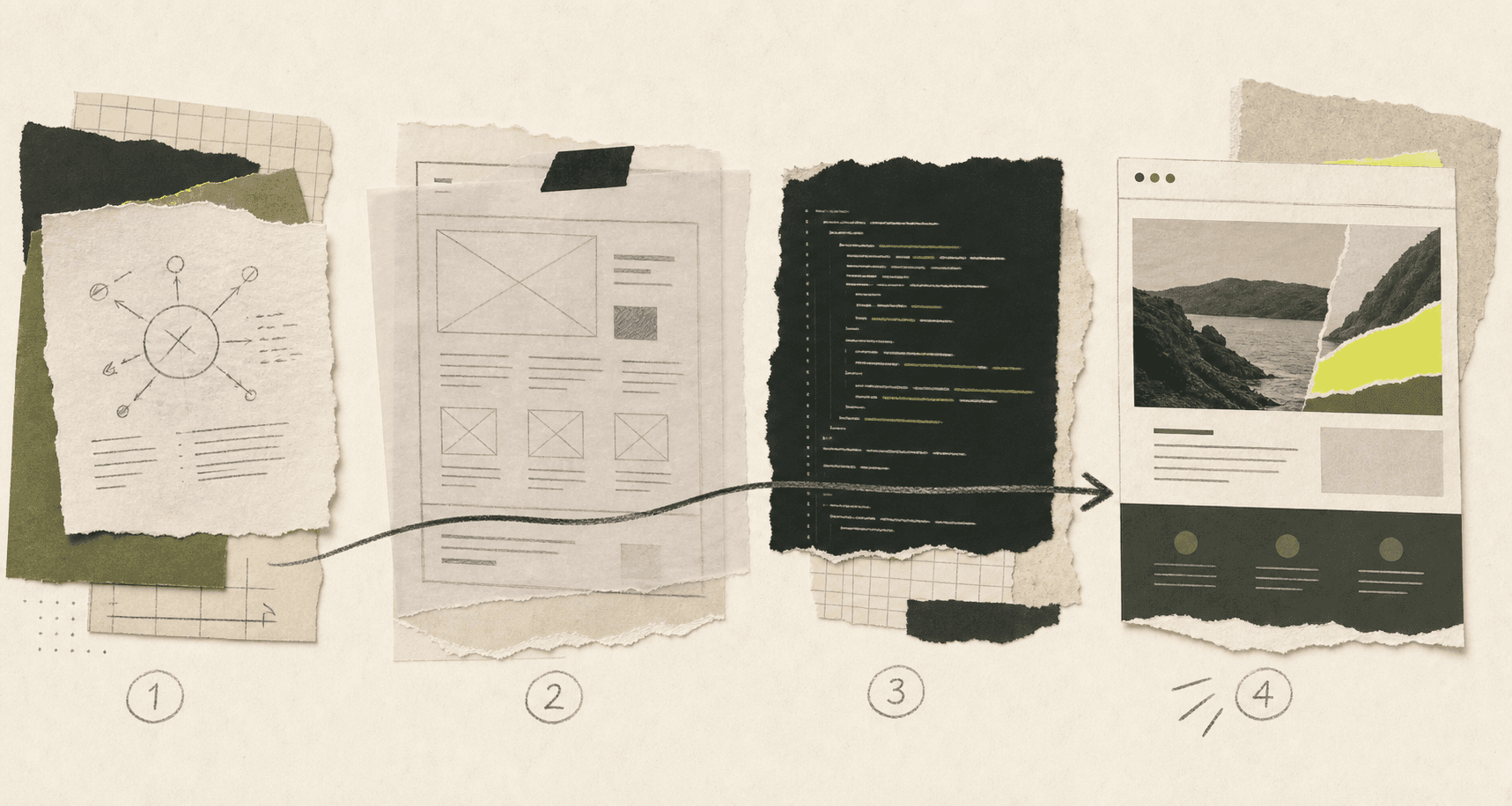Editorial collage showing a website moving from strategy and wireframes through development to launch